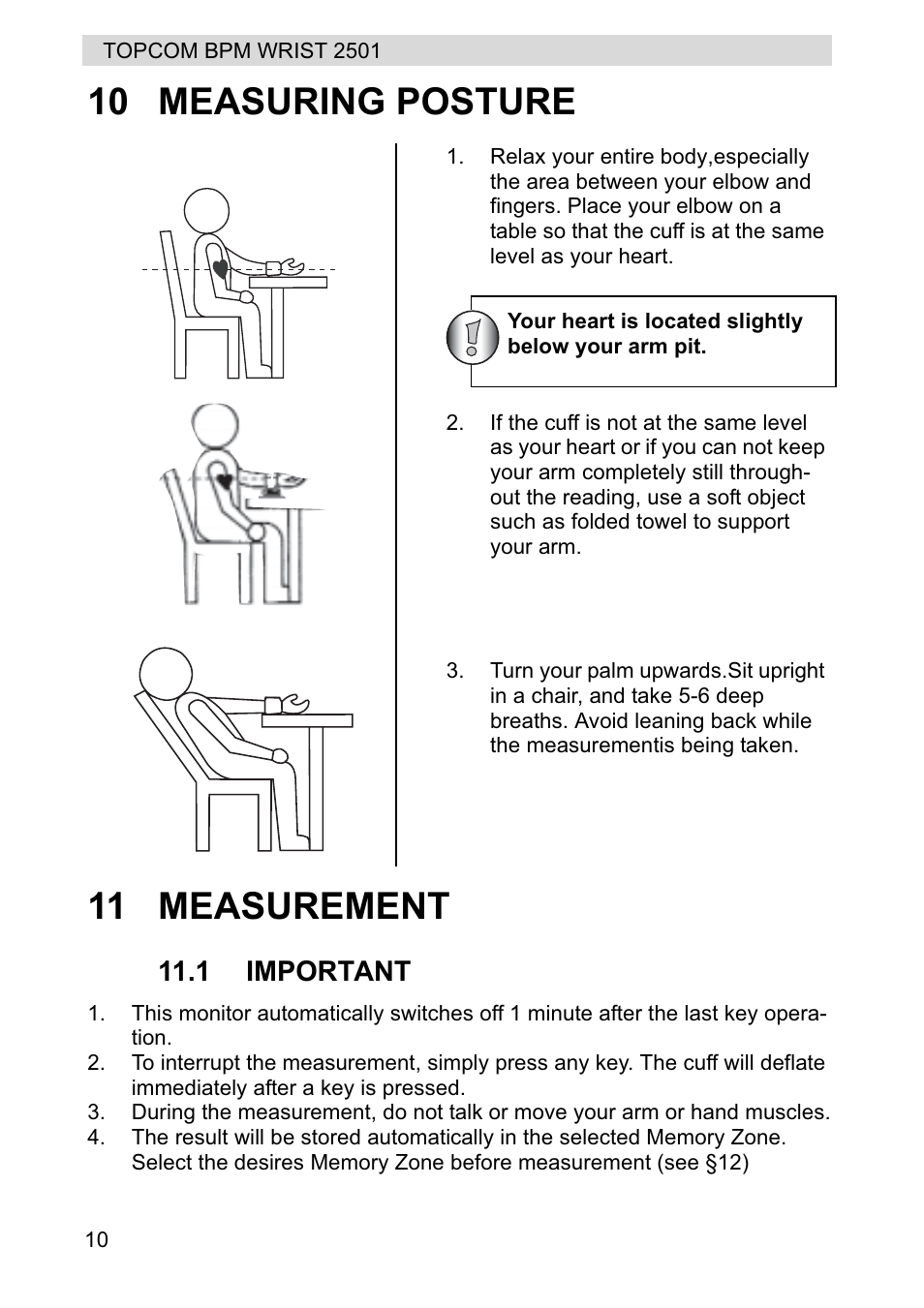 10 measuring posture 11 measurement | Topcom BPM WRIST 2501 User Manual | Page 10 / 120