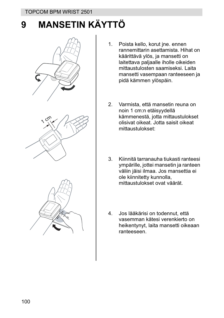 9mansetin käyttö | Topcom BPM WRIST 2501 User Manual | Page 100 / 120