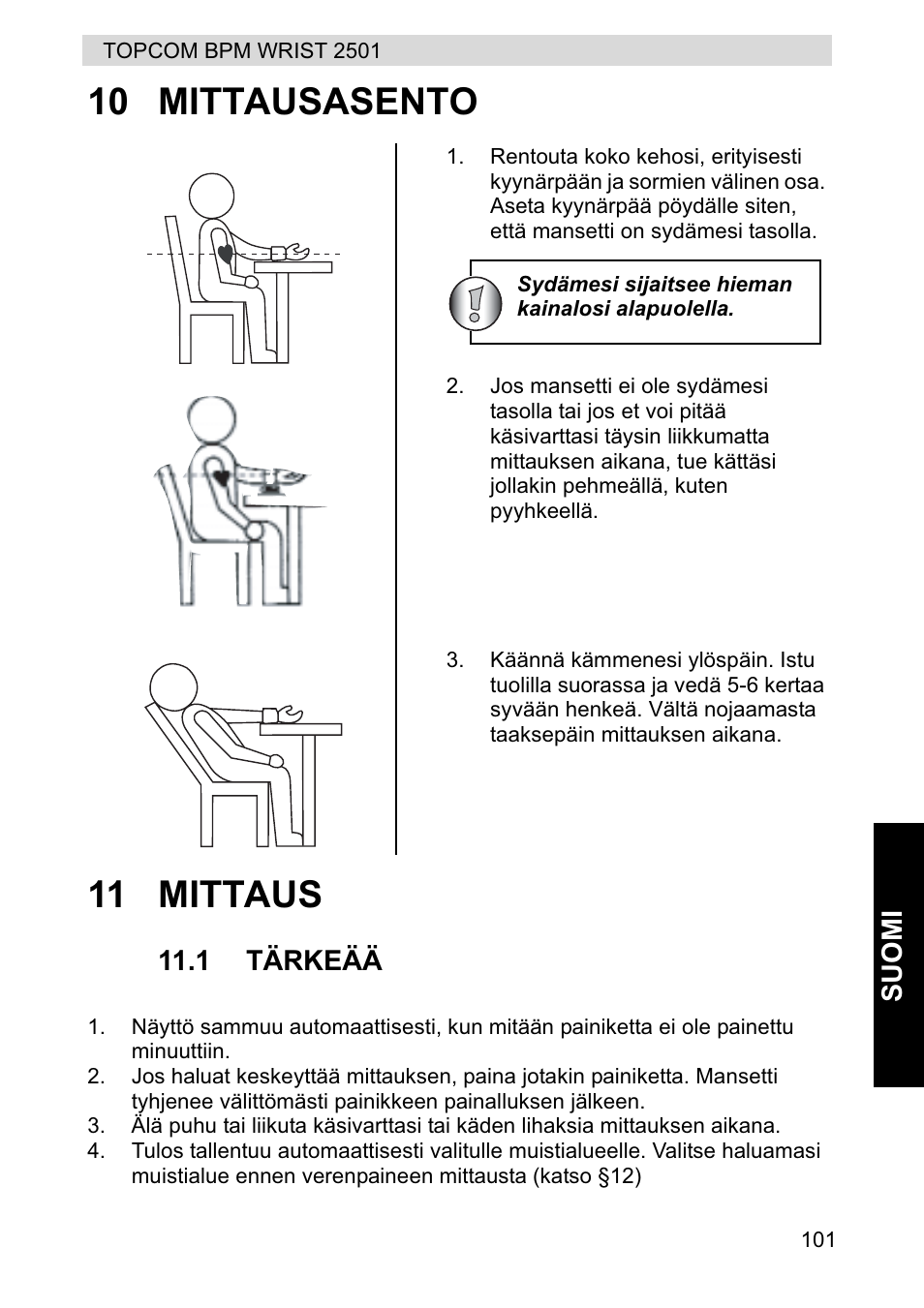 10 mittausasento 11 mittaus | Topcom BPM WRIST 2501 User Manual | Page 101 / 120
