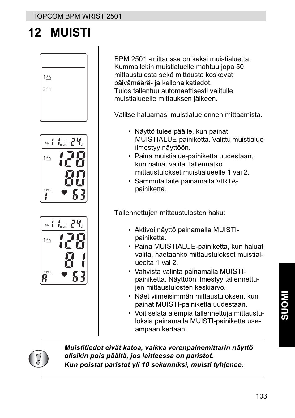 12 muisti, Suomi | Topcom BPM WRIST 2501 User Manual | Page 103 / 120
