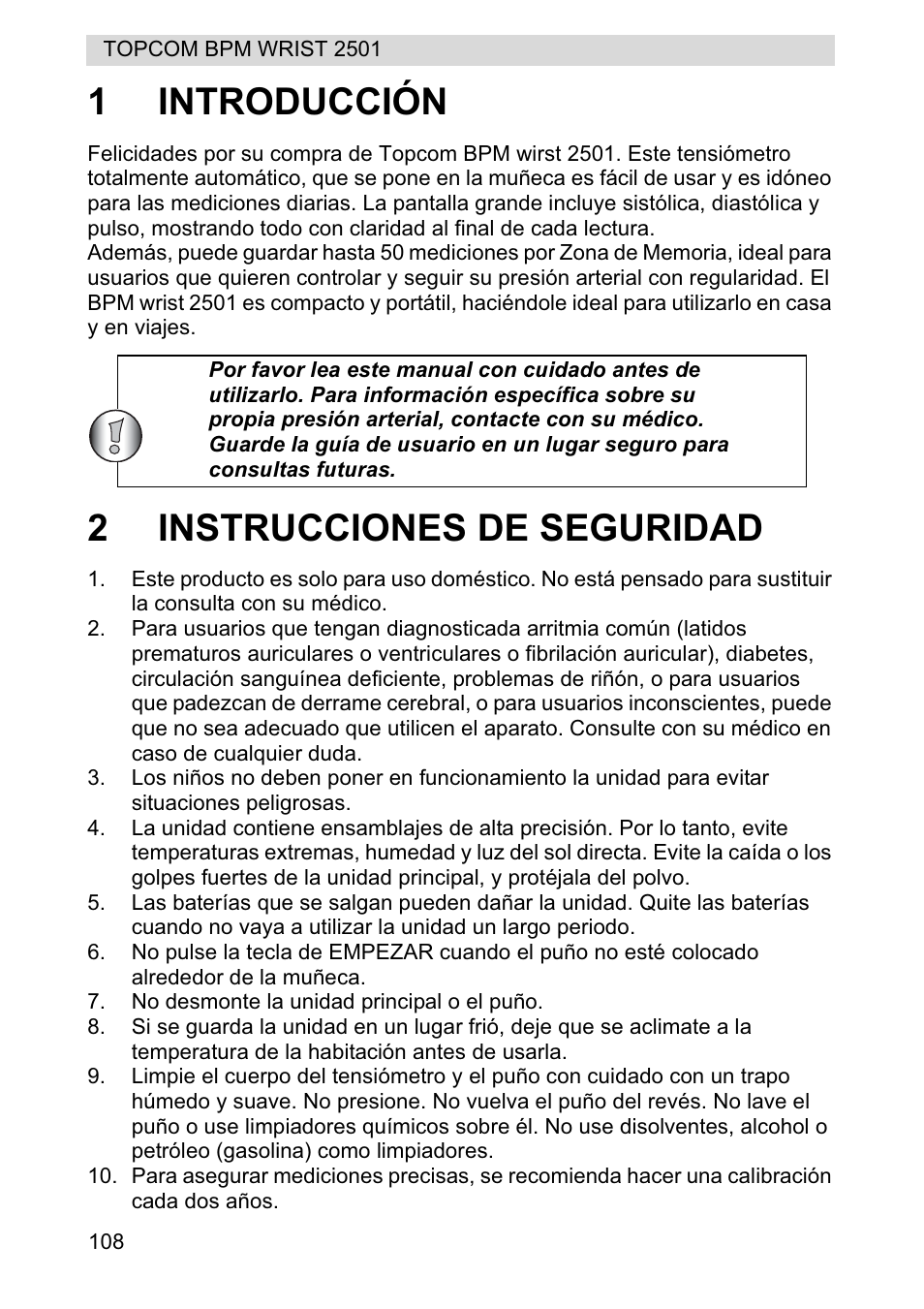 1introducción, 2instrucciones de seguridad | Topcom BPM WRIST 2501 User Manual | Page 108 / 120