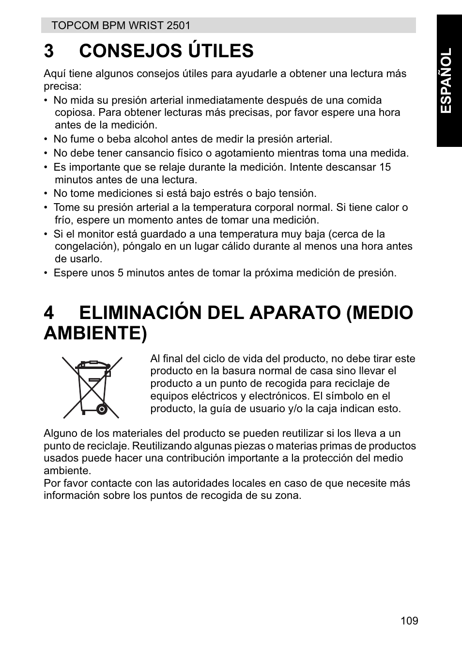 3consejos útiles, 4eliminación del aparato (medio ambiente) | Topcom BPM WRIST 2501 User Manual | Page 109 / 120