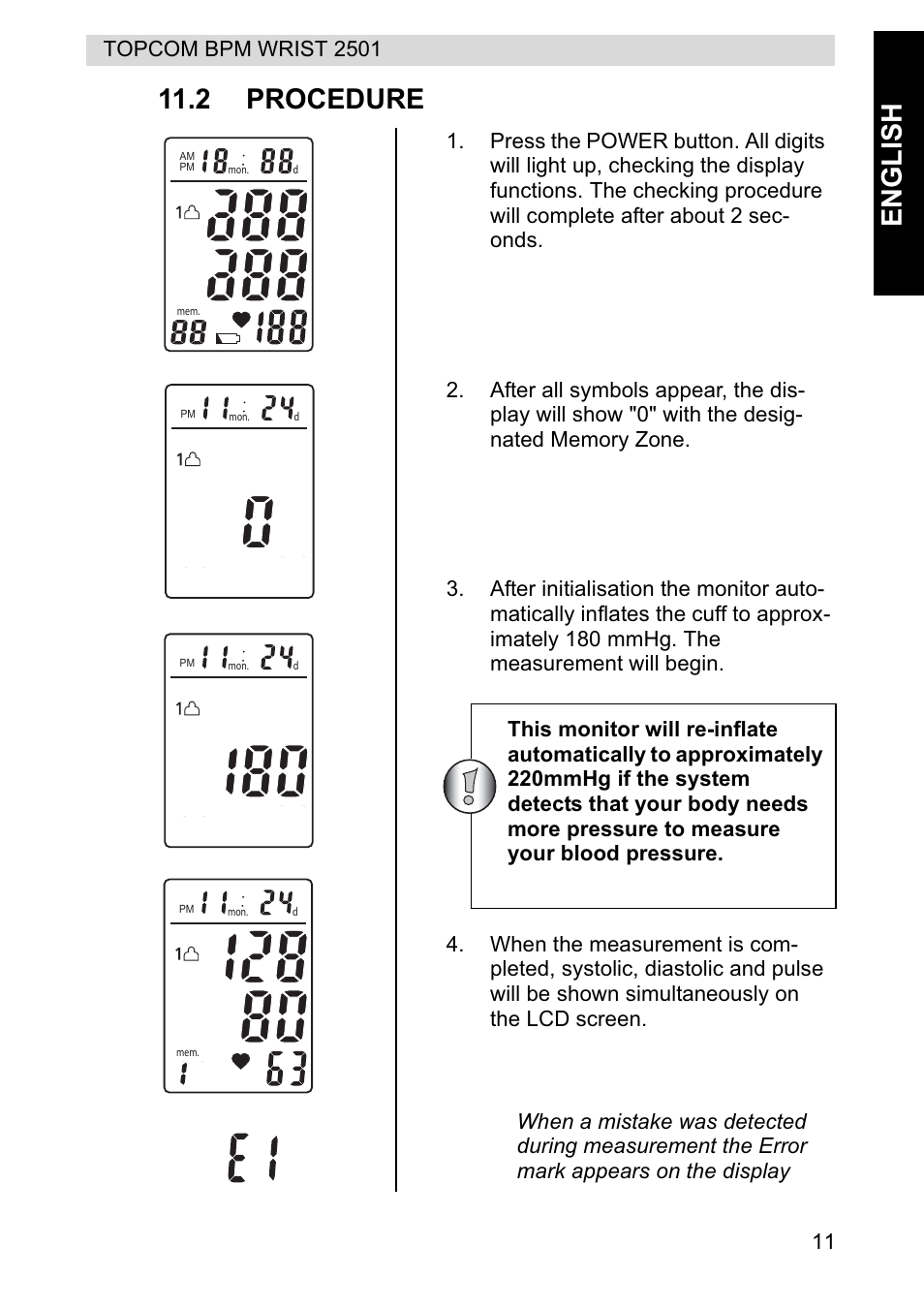 English 11.2 procedure | Topcom BPM WRIST 2501 User Manual | Page 11 / 120