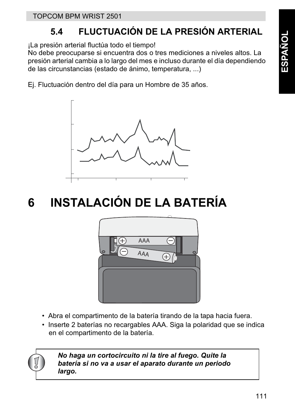 6instalación de la batería, Esp añol 5.4 fluctuación de la presión arterial | Topcom BPM WRIST 2501 User Manual | Page 111 / 120