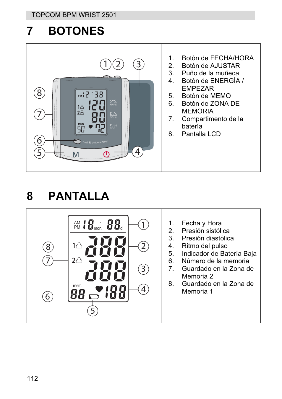 7botones 8 pantalla | Topcom BPM WRIST 2501 User Manual | Page 112 / 120