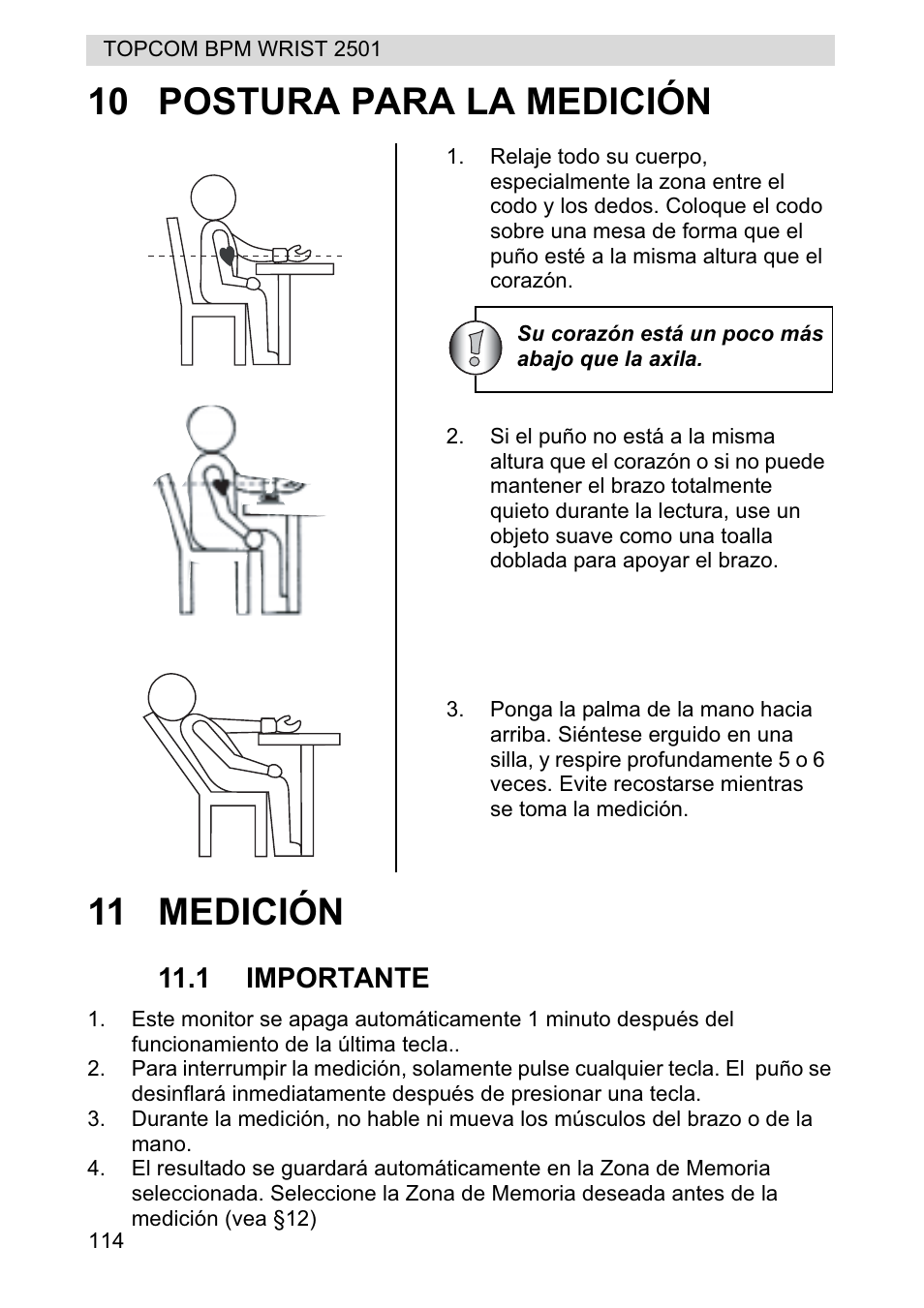 10 postura para la medición 11 medición | Topcom BPM WRIST 2501 User Manual | Page 114 / 120