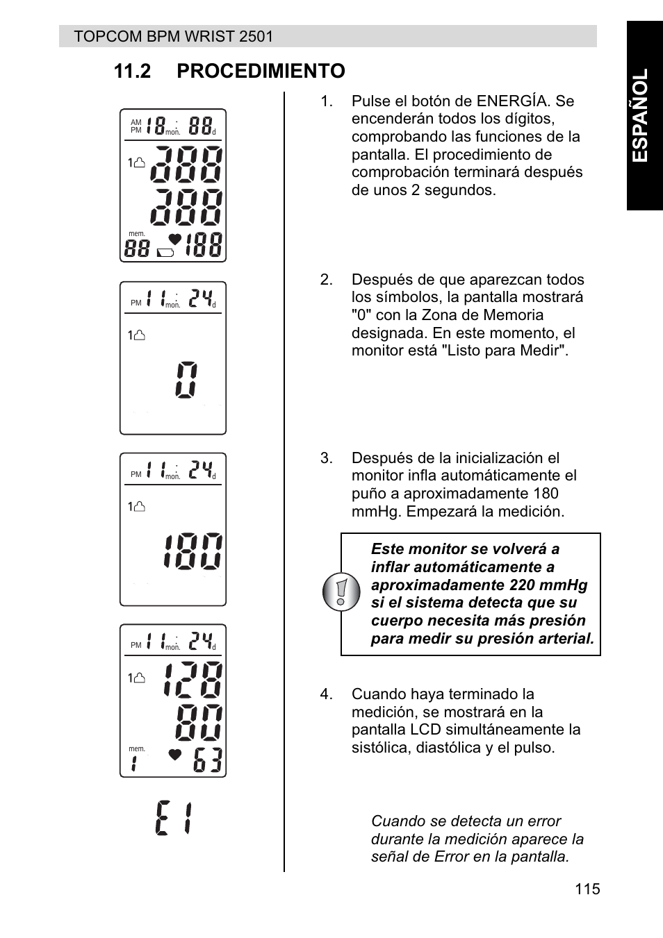 Esp añol 11.2 procedimiento | Topcom BPM WRIST 2501 User Manual | Page 115 / 120