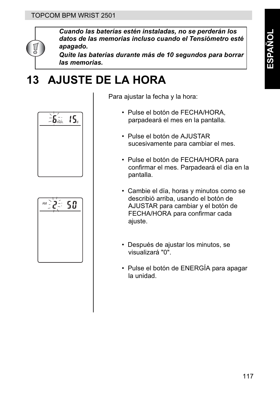 13 ajuste de la hora, Esp añol | Topcom BPM WRIST 2501 User Manual | Page 117 / 120