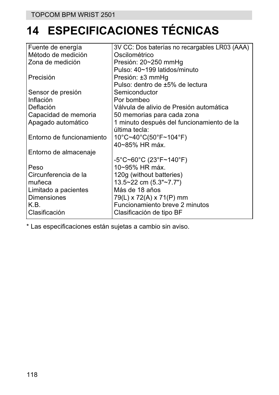 14 especificaciones técnicas | Topcom BPM WRIST 2501 User Manual | Page 118 / 120