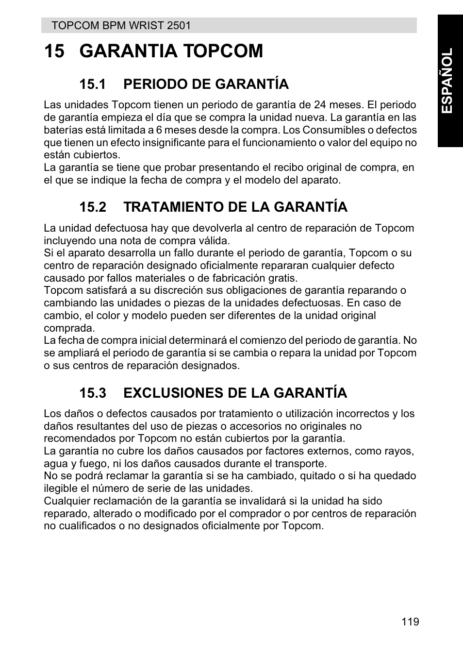 15 garantia topcom | Topcom BPM WRIST 2501 User Manual | Page 119 / 120
