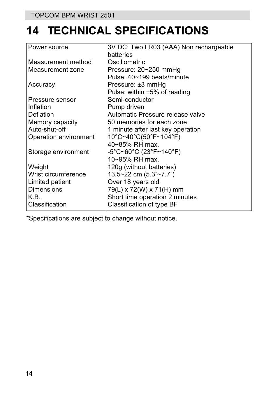 14 technical specifications | Topcom BPM WRIST 2501 User Manual | Page 14 / 120