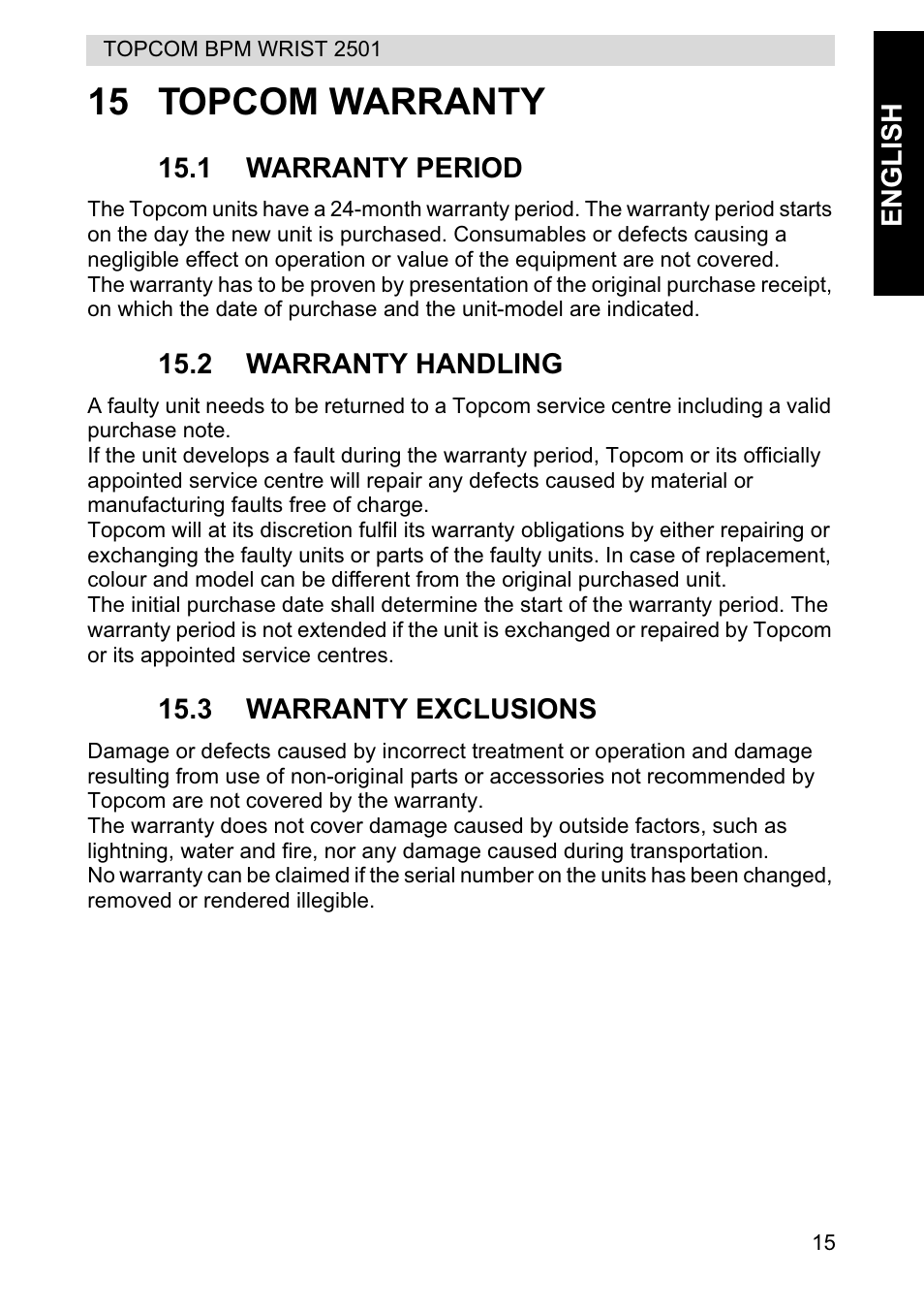 15 topcom warranty | Topcom BPM WRIST 2501 User Manual | Page 15 / 120