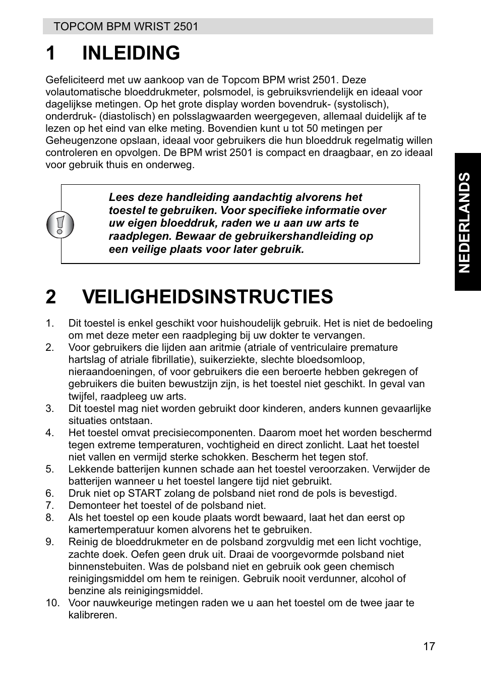 1inleiding, 2veiligheidsinstructies, Nederlands | Topcom BPM WRIST 2501 User Manual | Page 17 / 120