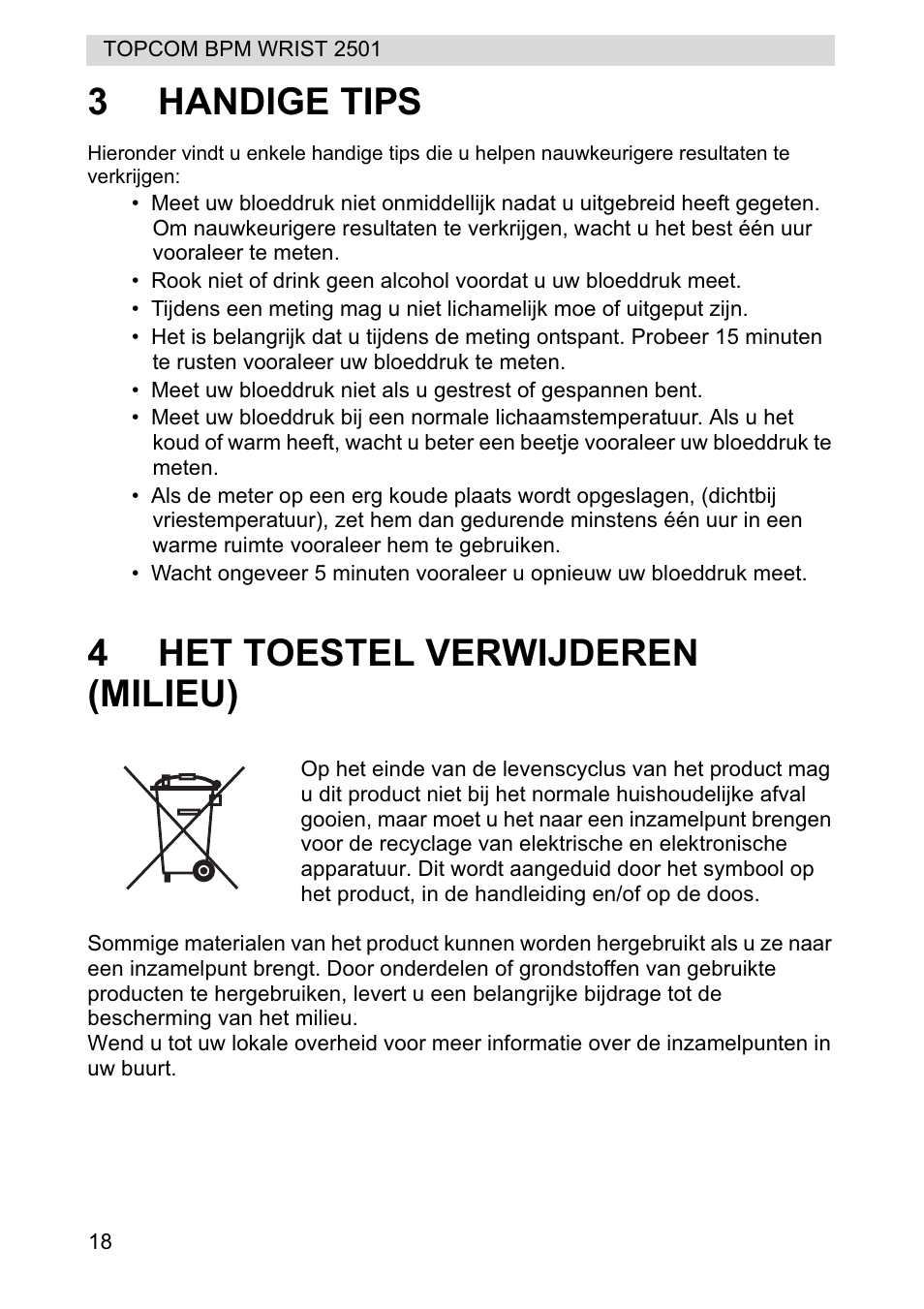 3handige tips, 4het toestel verwijderen (milieu) | Topcom BPM WRIST 2501 User Manual | Page 18 / 120