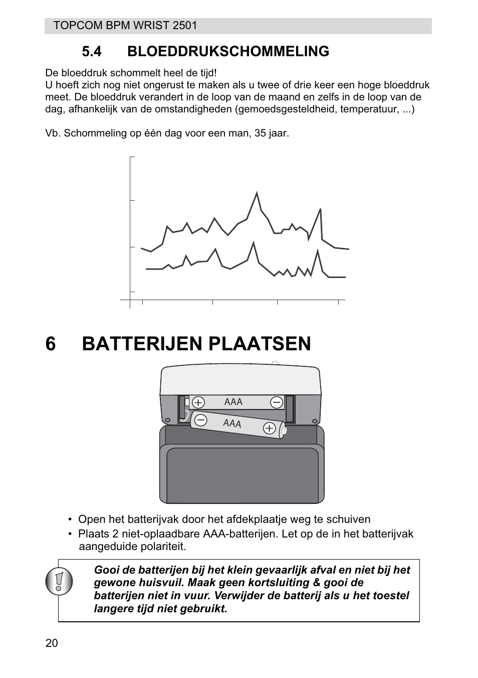 6batterijen plaatsen, 4 bloeddrukschommeling | Topcom BPM WRIST 2501 User Manual | Page 20 / 120