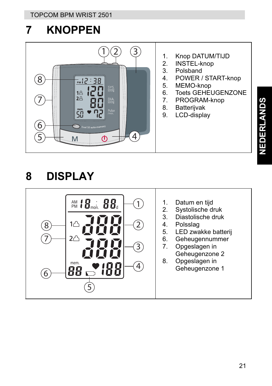 7knoppen 8 display | Topcom BPM WRIST 2501 User Manual | Page 21 / 120