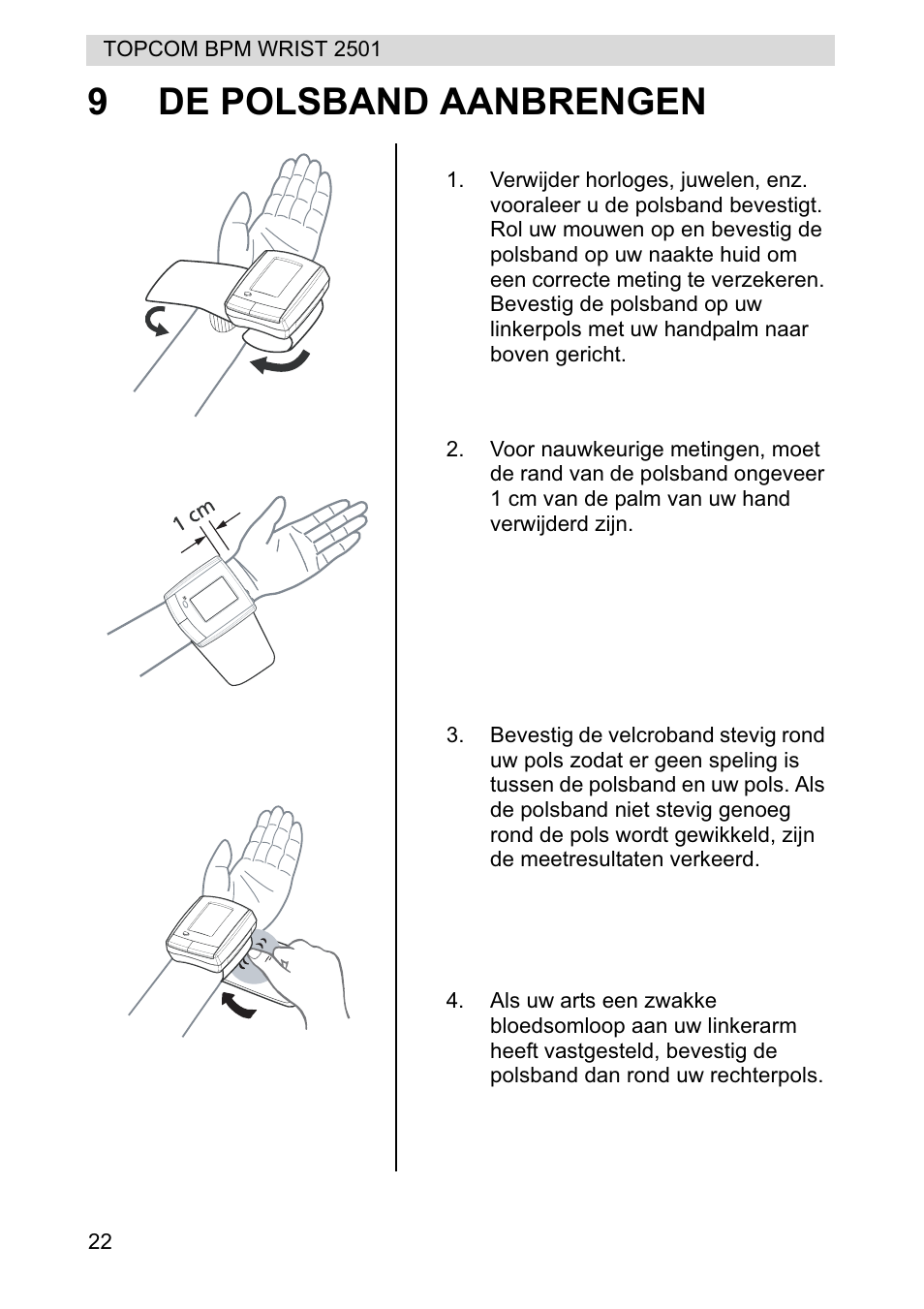 9de polsband aanbrengen | Topcom BPM WRIST 2501 User Manual | Page 22 / 120