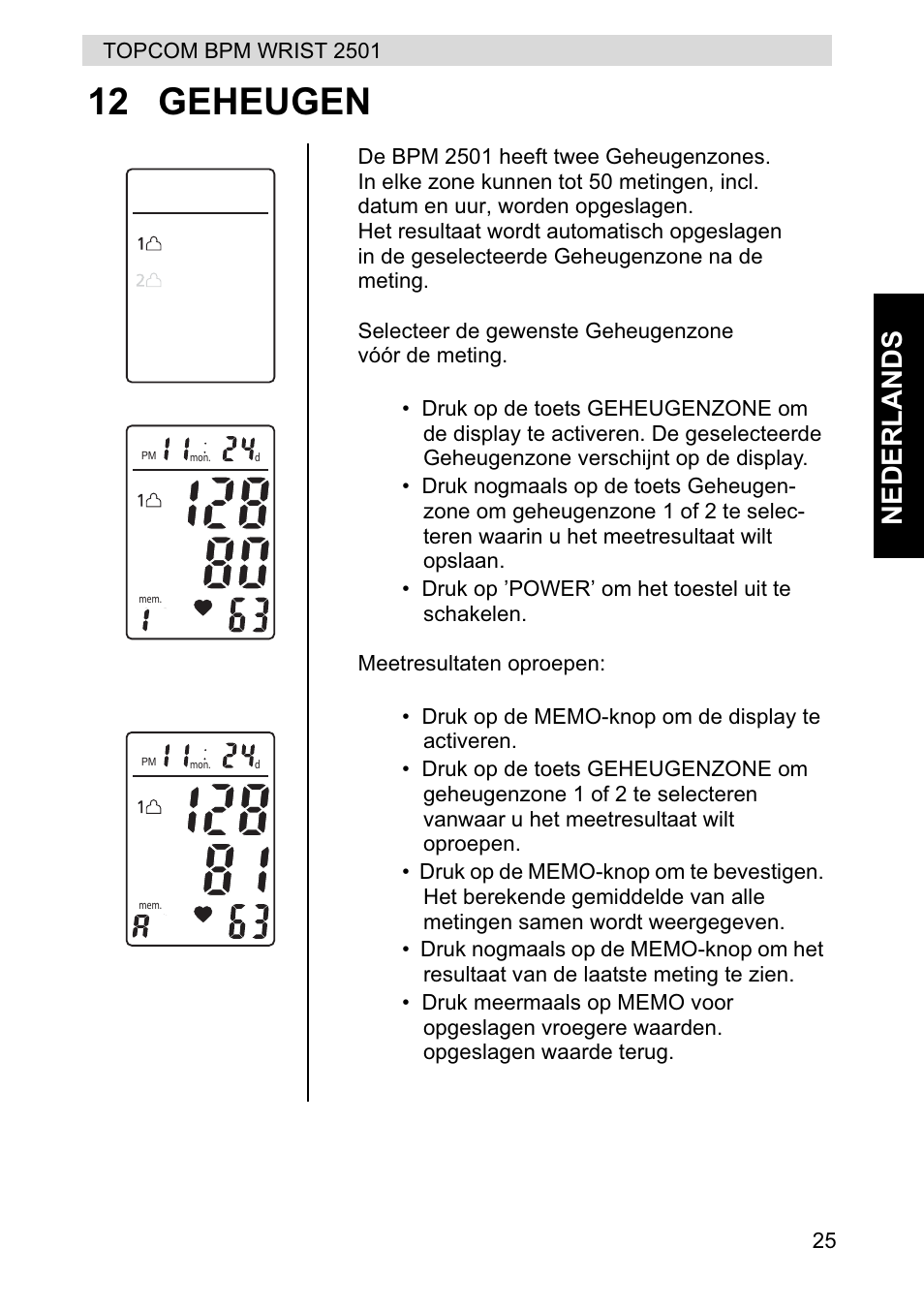 12 geheugen, Nederlands | Topcom BPM WRIST 2501 User Manual | Page 25 / 120