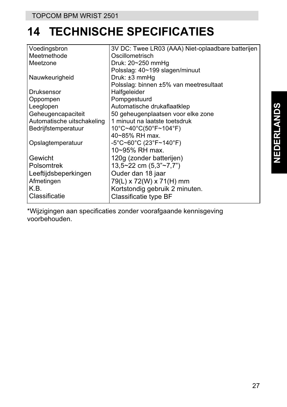 14 technische specificaties, Nederlands | Topcom BPM WRIST 2501 User Manual | Page 27 / 120