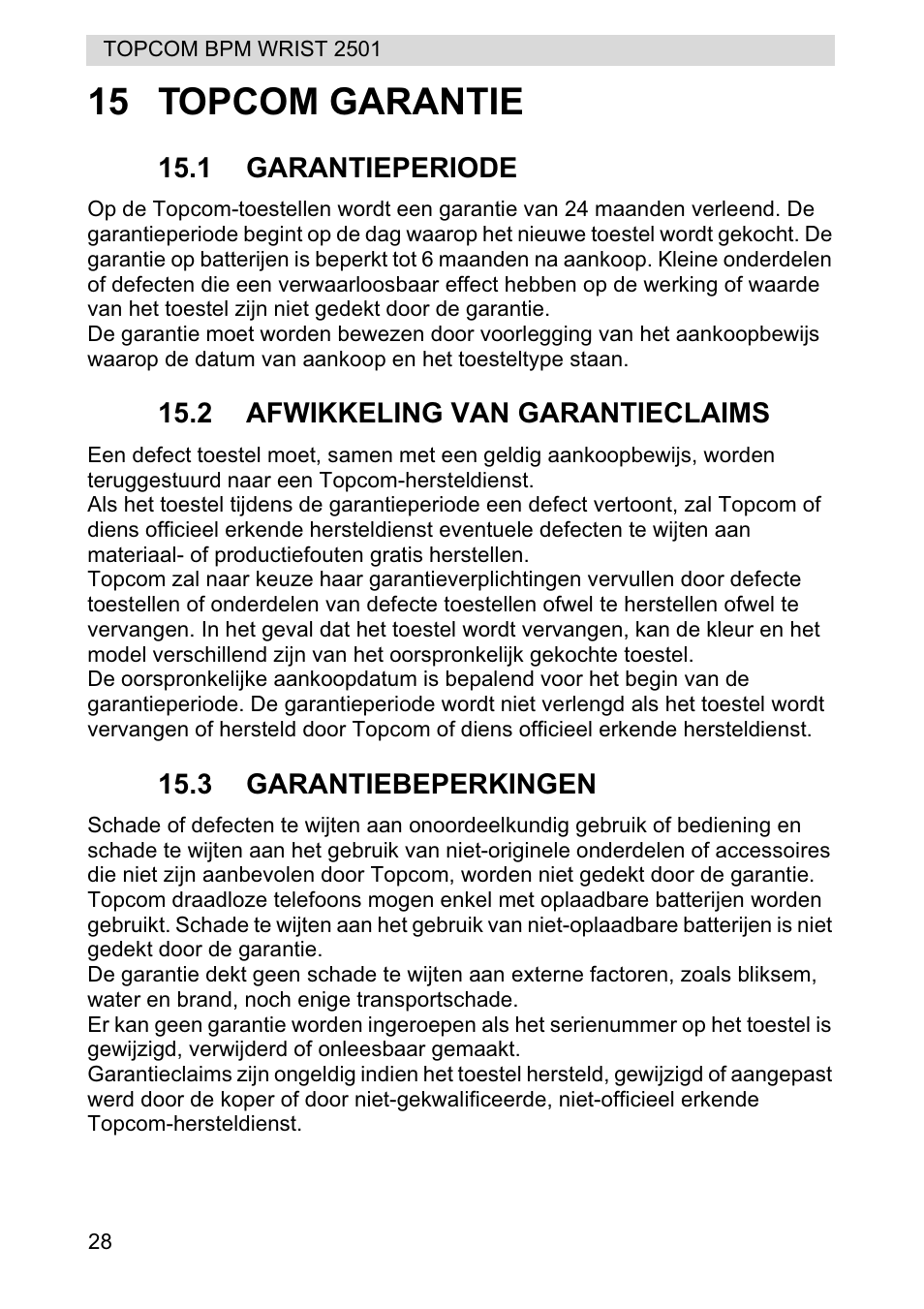 15 topcom garantie | Topcom BPM WRIST 2501 User Manual | Page 28 / 120