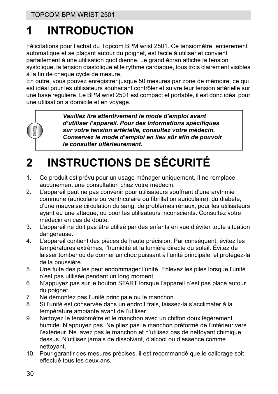 1introduction, 2instructions de sécurité | Topcom BPM WRIST 2501 User Manual | Page 30 / 120