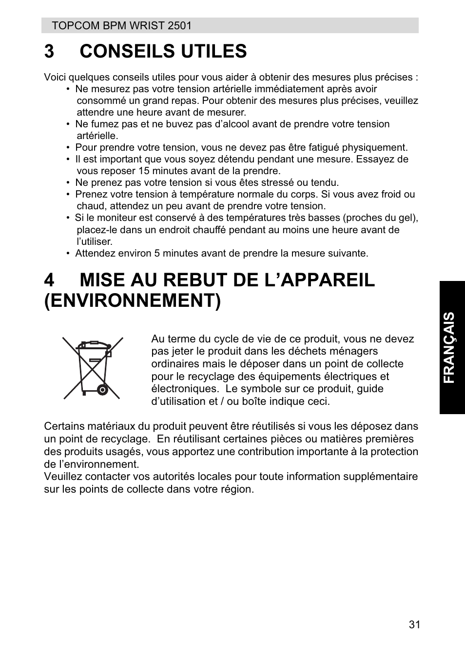 3conseils utiles, 4mise au rebut de l’appareil (environnement) | Topcom BPM WRIST 2501 User Manual | Page 31 / 120