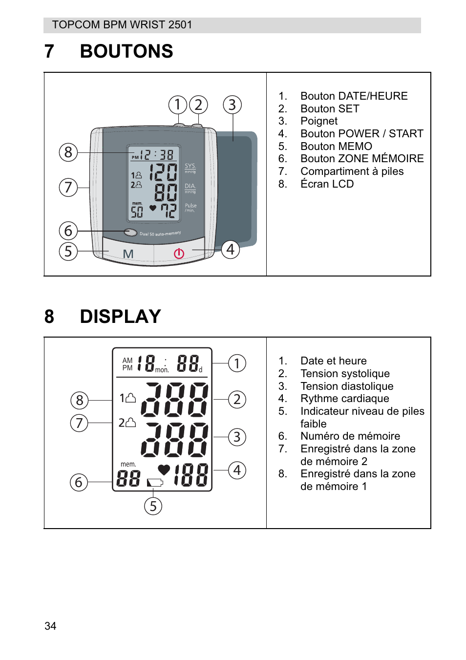 7boutons 8 display | Topcom BPM WRIST 2501 User Manual | Page 34 / 120