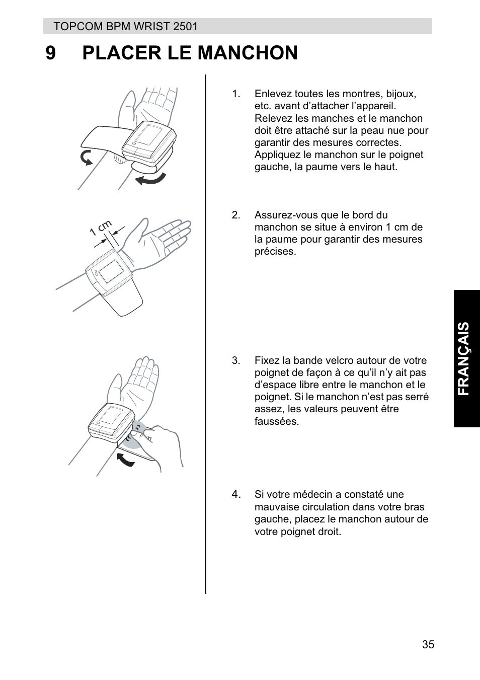 9placer le manchon, Fr ançais | Topcom BPM WRIST 2501 User Manual | Page 35 / 120