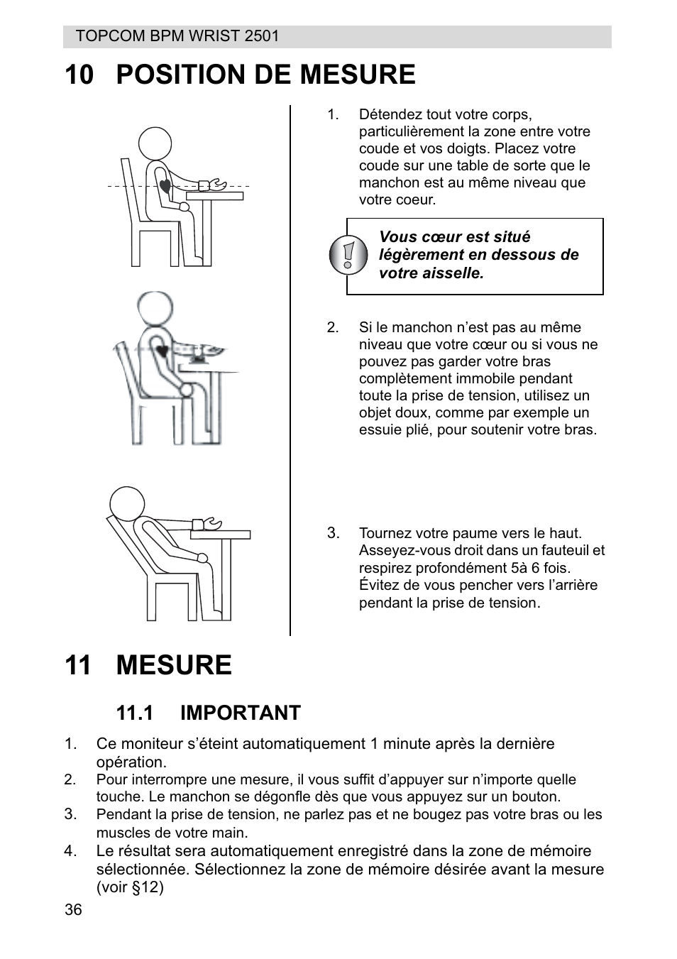 10 position de mesure 11 mesure, 1 important | Topcom BPM WRIST 2501 User Manual | Page 36 / 120