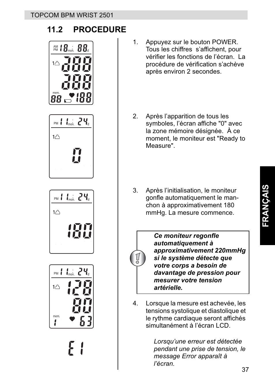 Fr ançais 11.2 procedure | Topcom BPM WRIST 2501 User Manual | Page 37 / 120