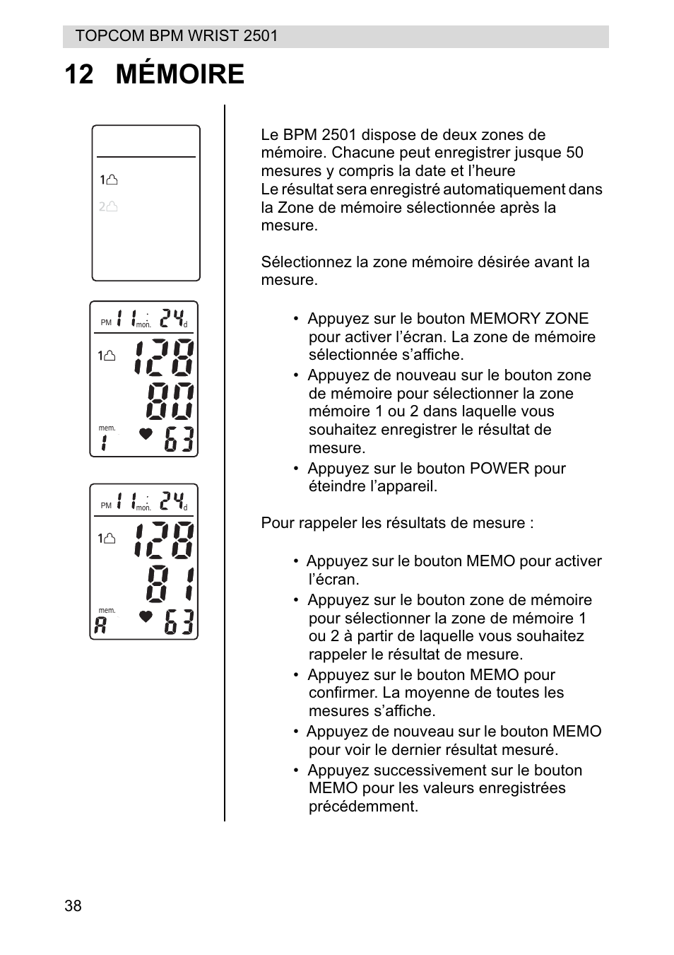 12 mémoire | Topcom BPM WRIST 2501 User Manual | Page 38 / 120