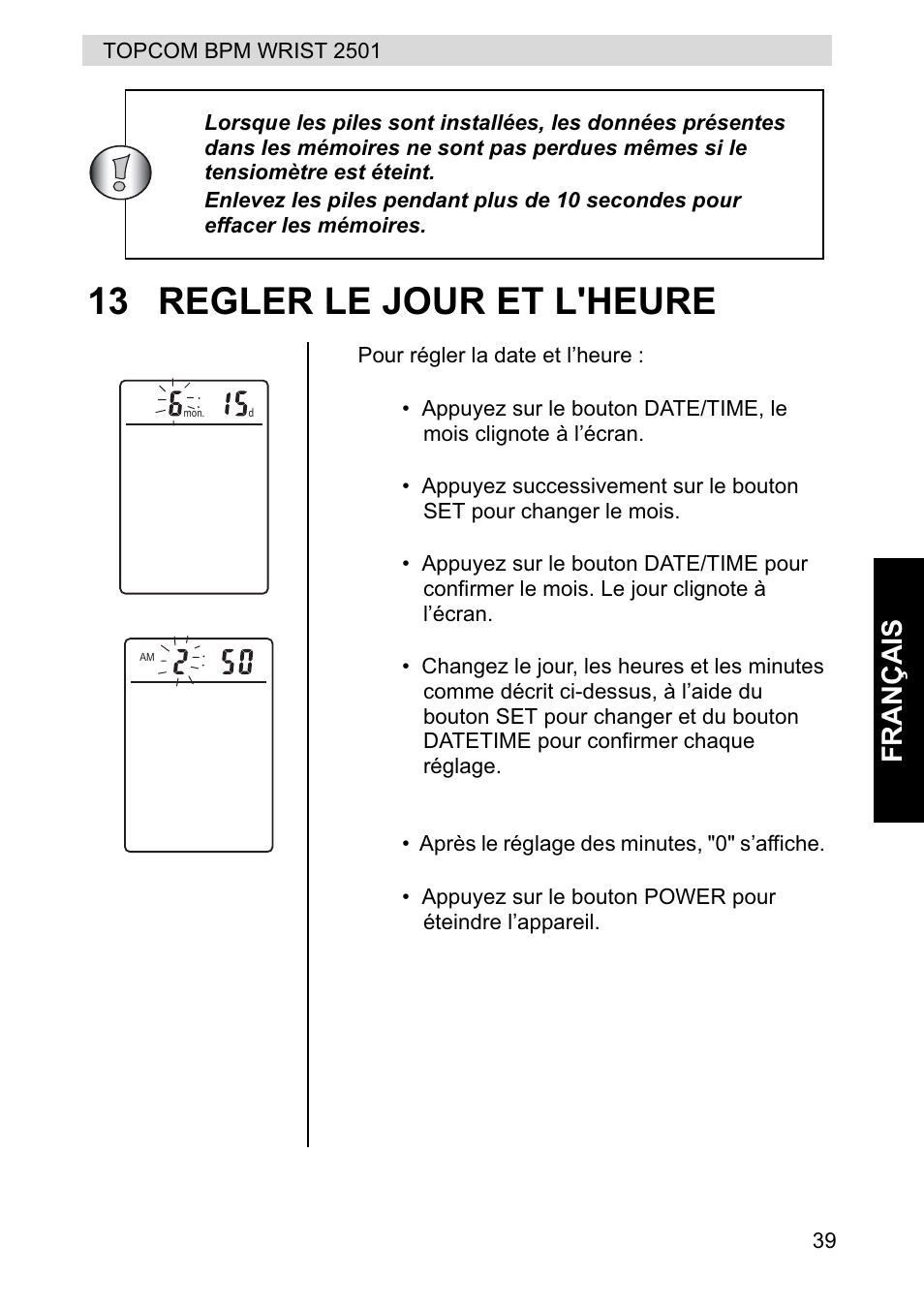 13 regler le jour et l'heure, Fr ançais | Topcom BPM WRIST 2501 User Manual | Page 39 / 120