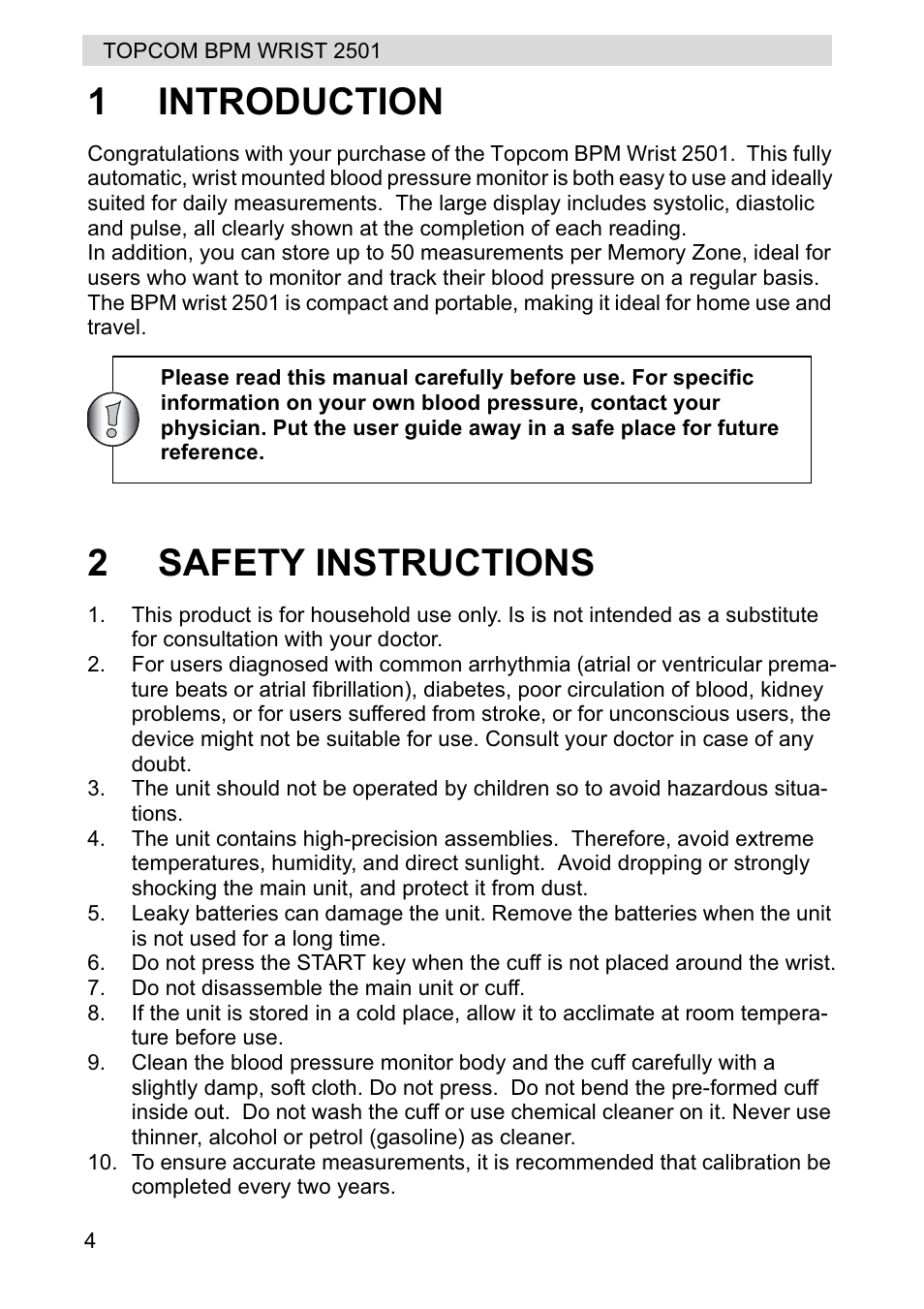 1introduction, 2safety instructions | Topcom BPM WRIST 2501 User Manual | Page 4 / 120