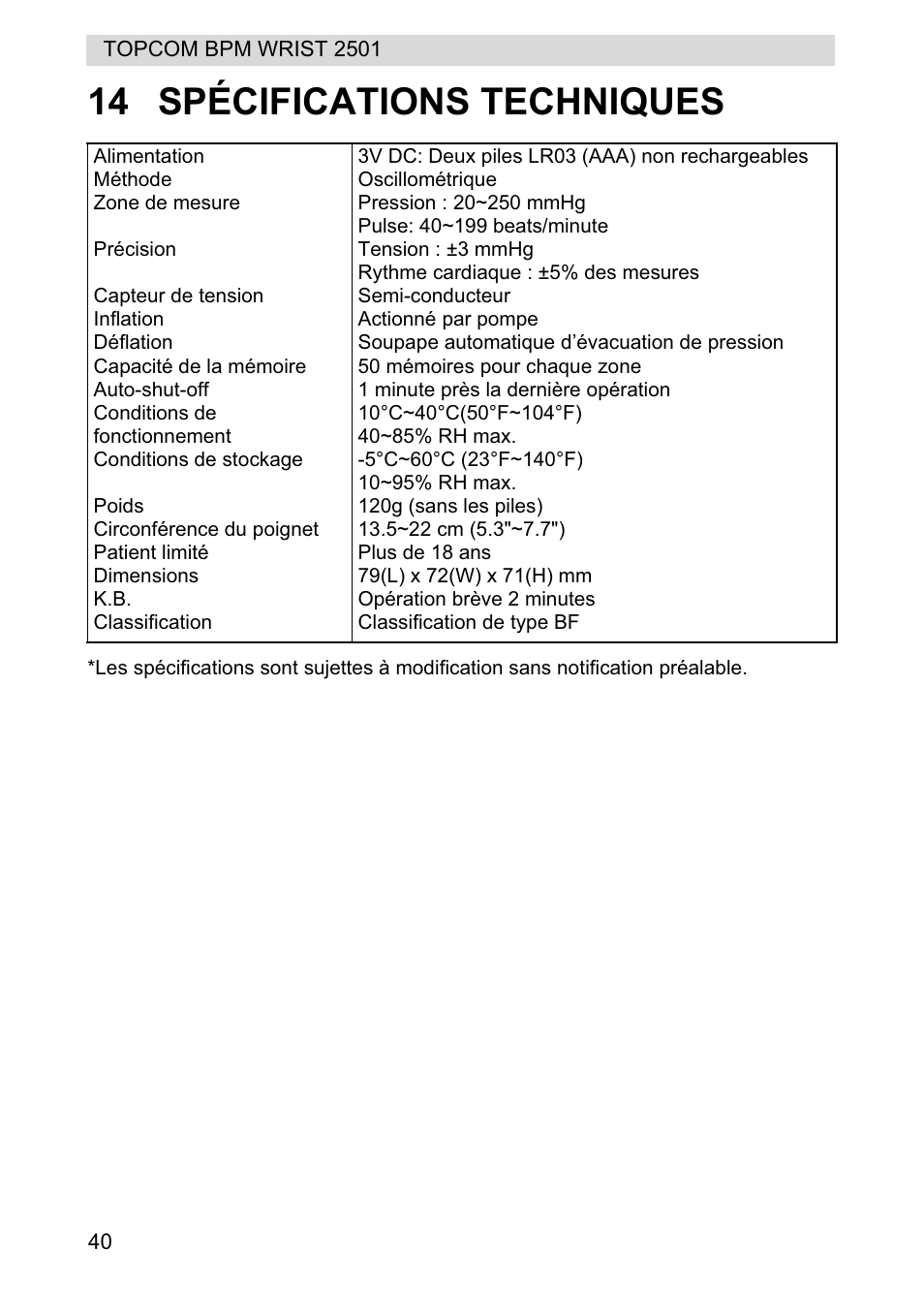 14 spécifications techniques | Topcom BPM WRIST 2501 User Manual | Page 40 / 120