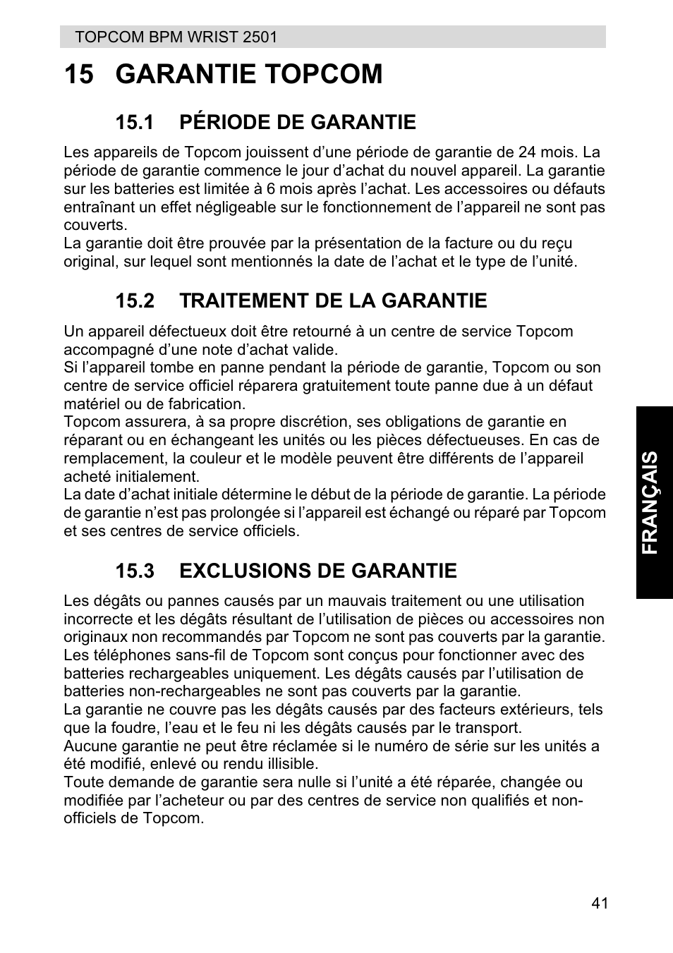 15 garantie topcom | Topcom BPM WRIST 2501 User Manual | Page 41 / 120