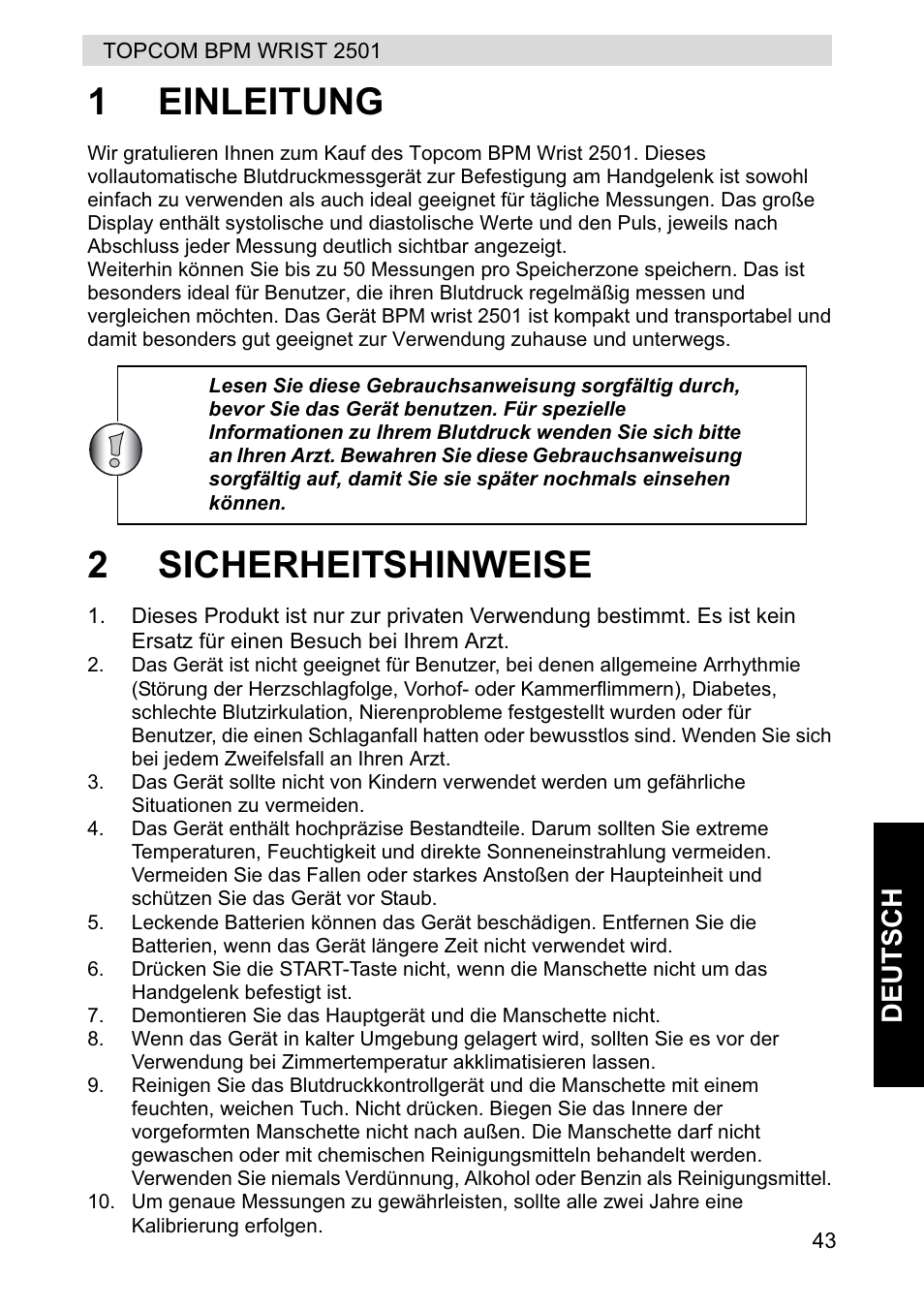1einleitung, 2sicherheitshinweise, Deut s ch | Topcom BPM WRIST 2501 User Manual | Page 43 / 120