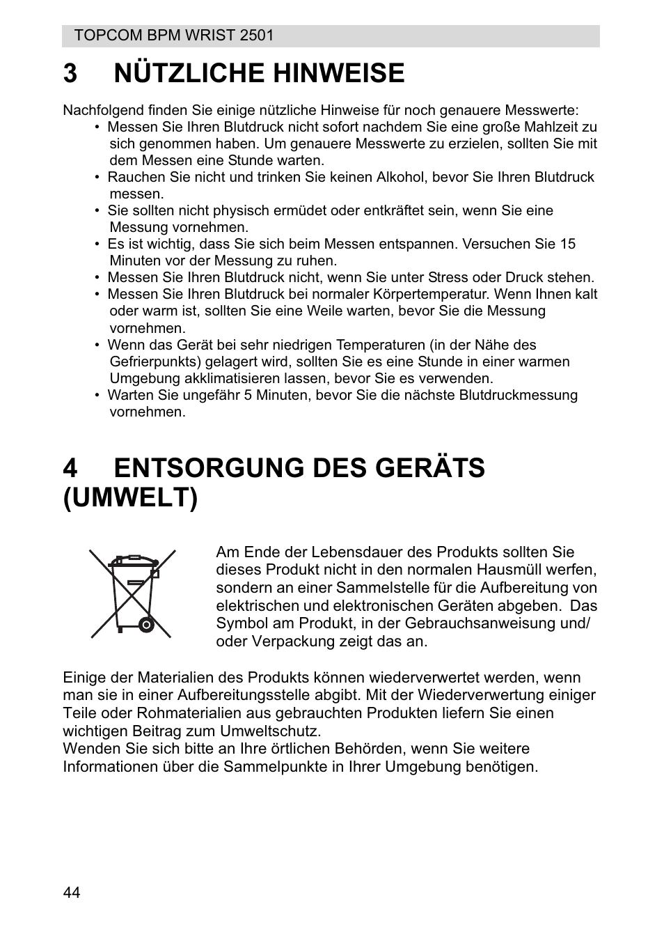 3nützliche hinweise, 4entsorgung des geräts (umwelt) | Topcom BPM WRIST 2501 User Manual | Page 44 / 120