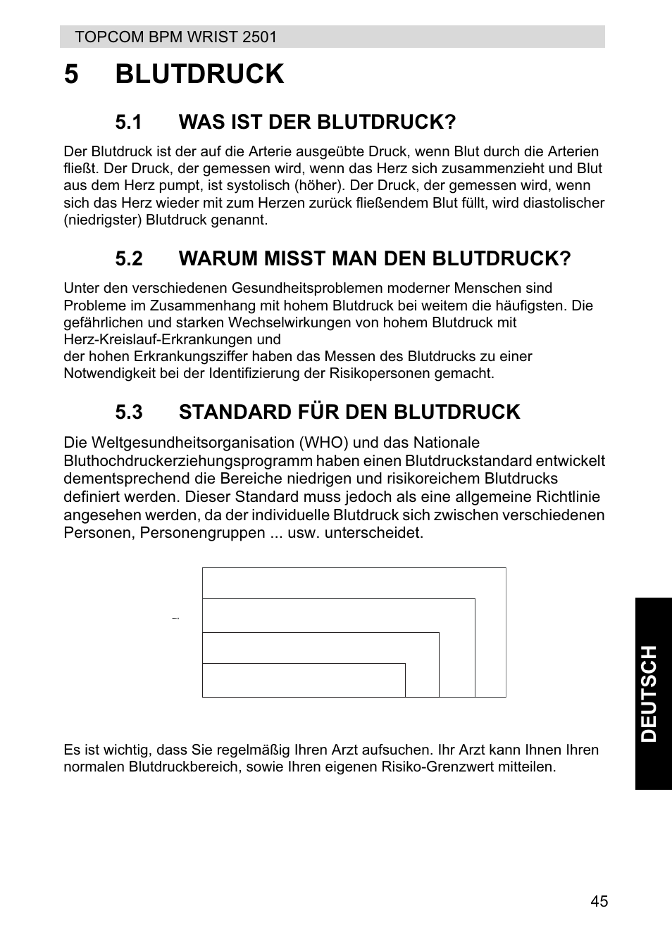 5blutdruck, Deut s ch, 1 was ist der blutdruck | 2 warum misst man den blutdruck, 3 standard für den blutdruck | Topcom BPM WRIST 2501 User Manual | Page 45 / 120