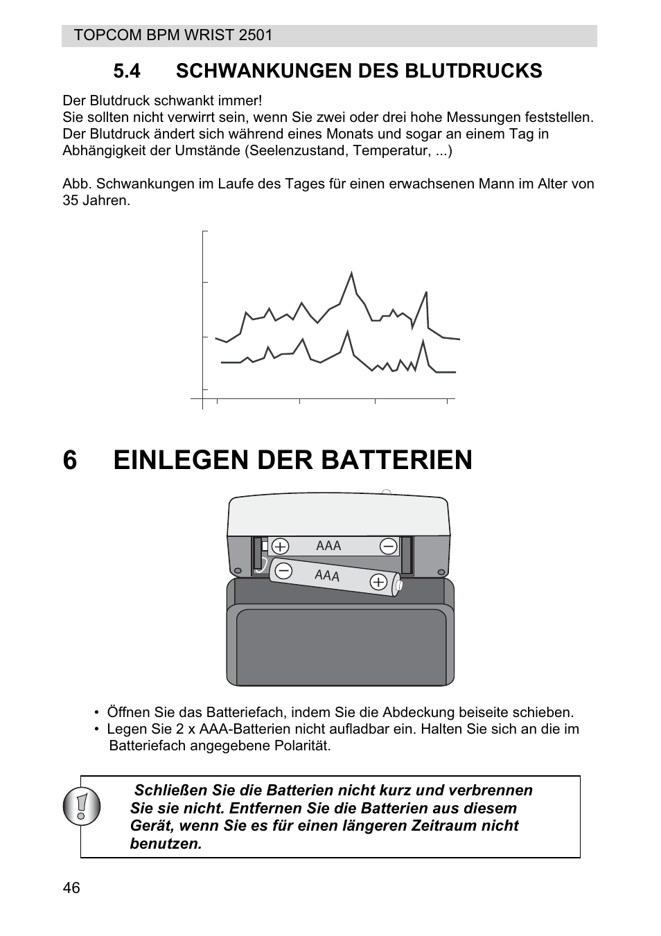 6einlegen der batterien, 4 schwankungen des blutdrucks | Topcom BPM WRIST 2501 User Manual | Page 46 / 120