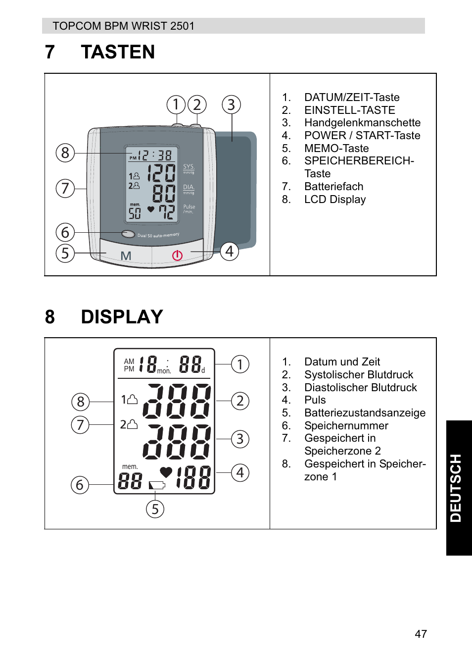 7tasten 8 display | Topcom BPM WRIST 2501 User Manual | Page 47 / 120