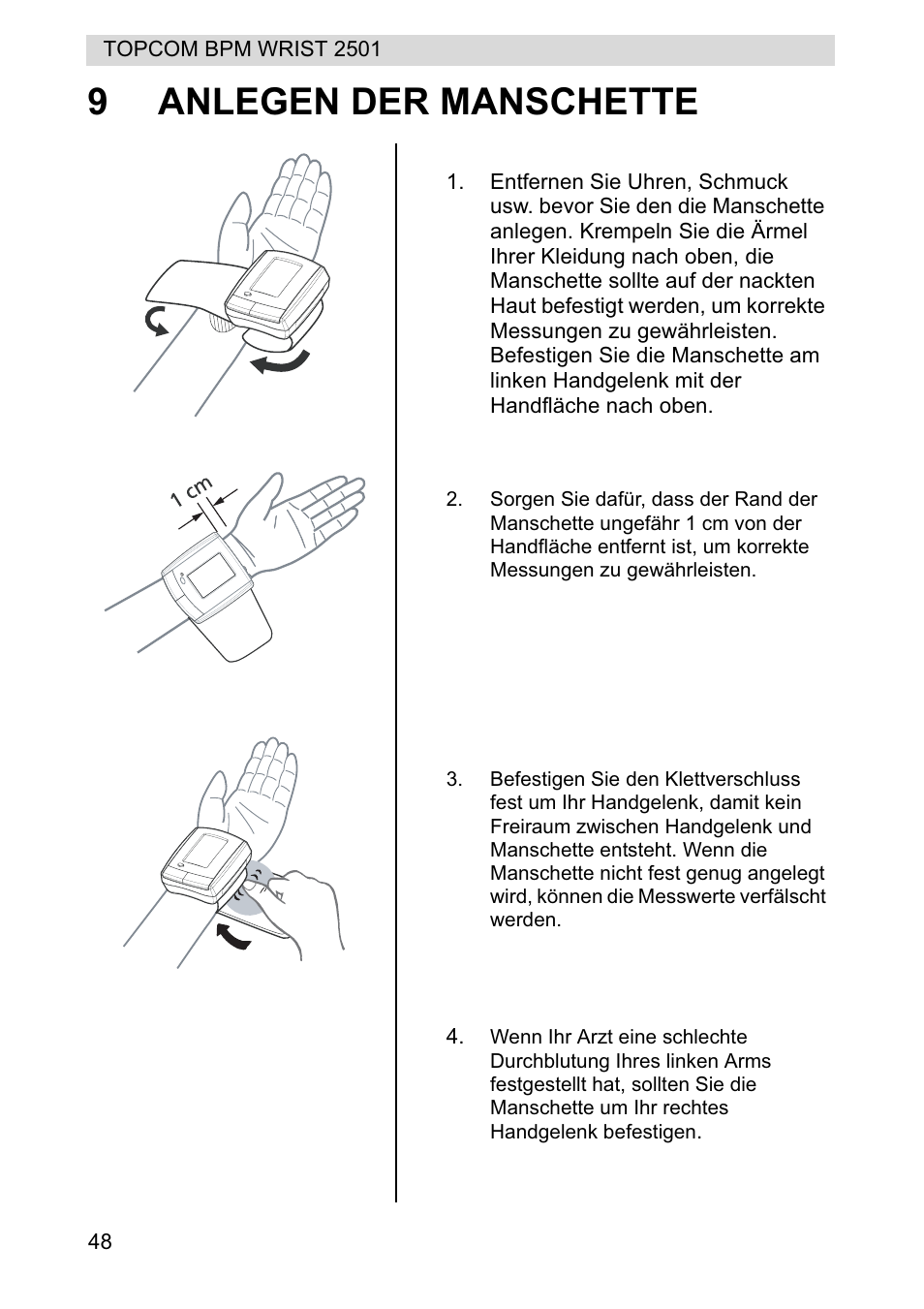 9anlegen der manschette | Topcom BPM WRIST 2501 User Manual | Page 48 / 120