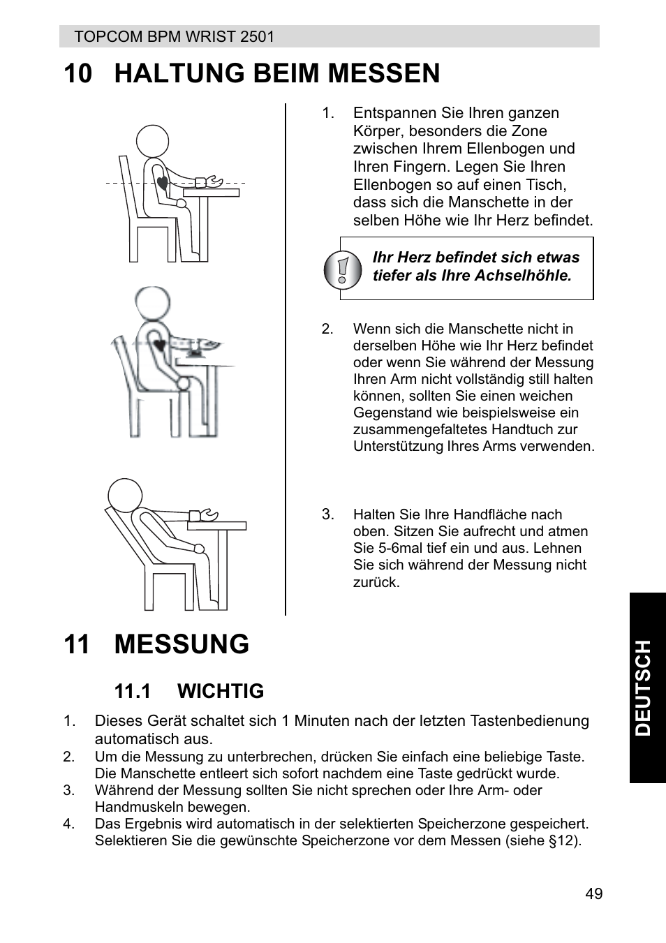 10 haltung beim messen 11 messung | Topcom BPM WRIST 2501 User Manual | Page 49 / 120