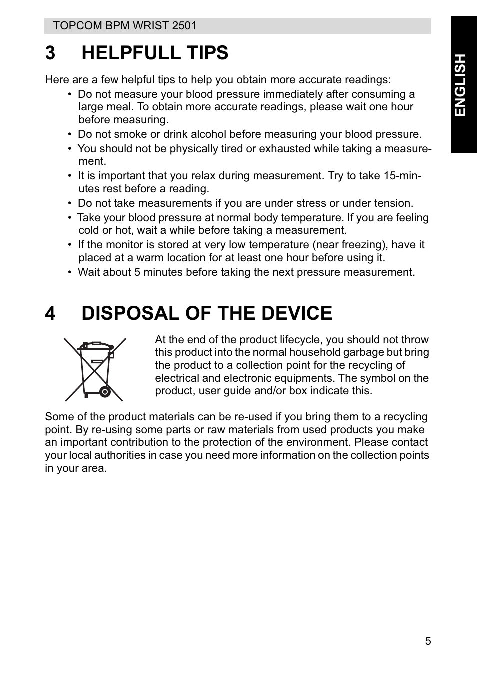 3helpfull tips, 4disposal of the device | Topcom BPM WRIST 2501 User Manual | Page 5 / 120