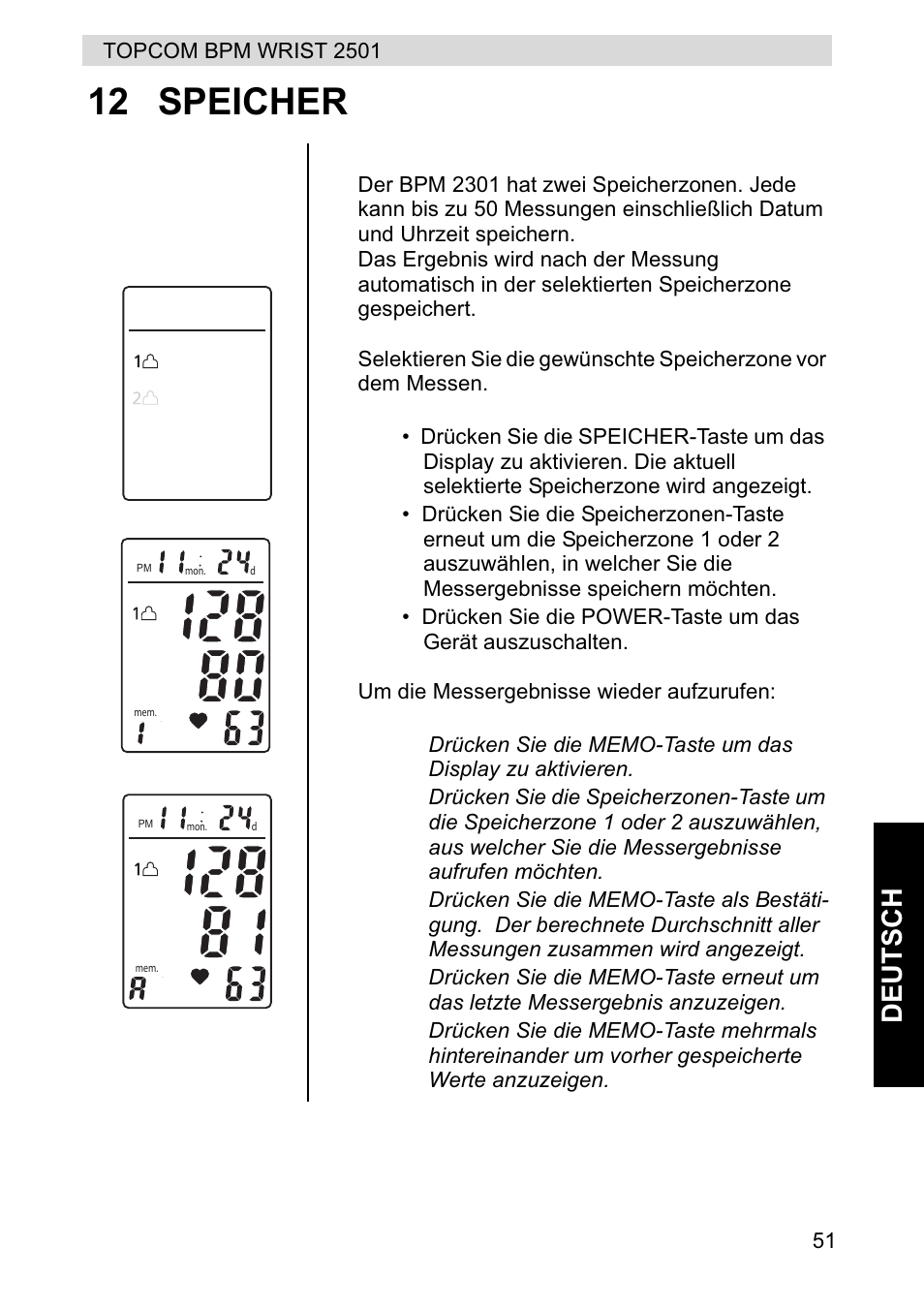 12 speicher, Deut s ch | Topcom BPM WRIST 2501 User Manual | Page 51 / 120