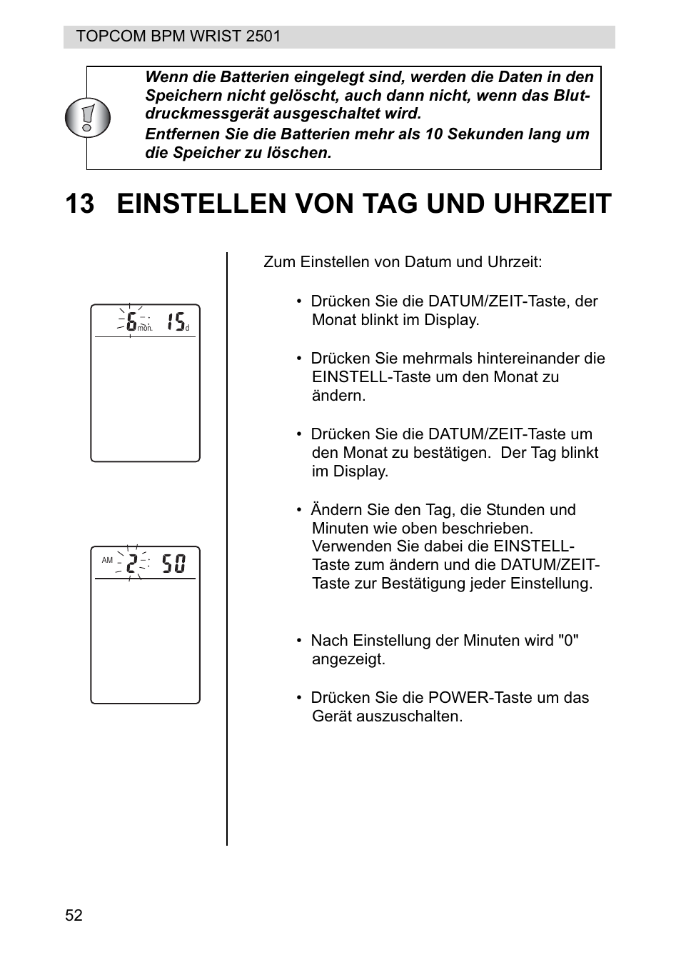 13 einstellen von tag und uhrzeit | Topcom BPM WRIST 2501 User Manual | Page 52 / 120