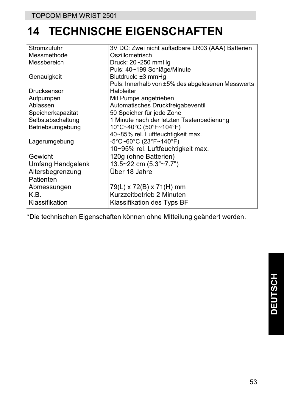 14 technische eigenschaften, Deut s ch | Topcom BPM WRIST 2501 User Manual | Page 53 / 120