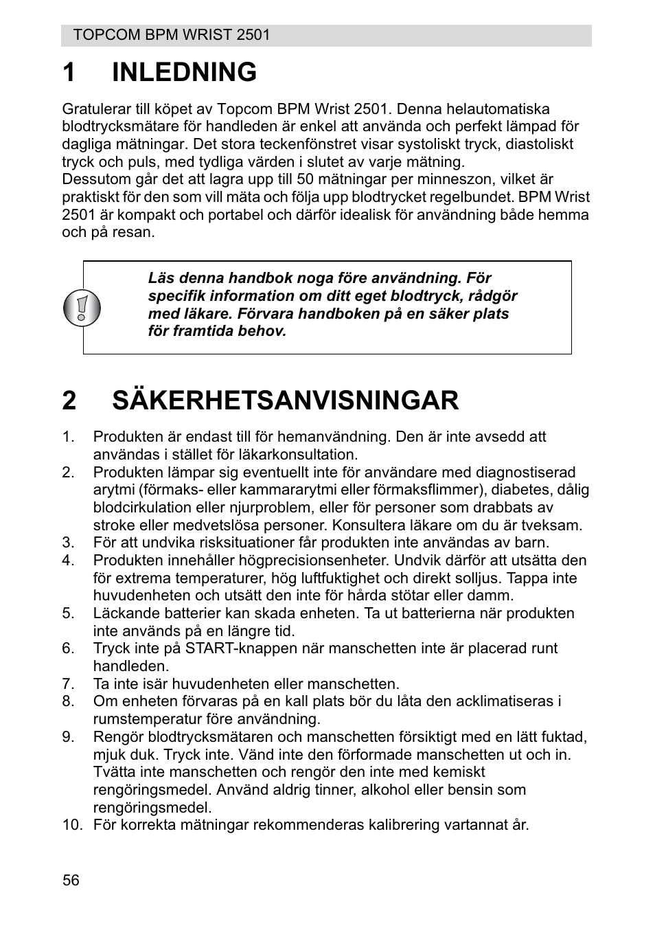 1inledning, 2säkerhetsanvisningar | Topcom BPM WRIST 2501 User Manual | Page 56 / 120