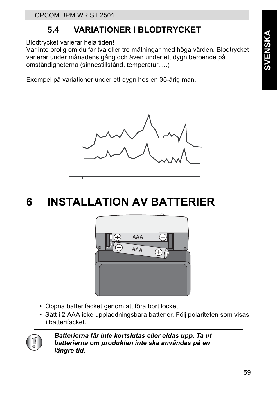 6installation av batterier, Svenska 5.4 variationer i blodtrycket | Topcom BPM WRIST 2501 User Manual | Page 59 / 120