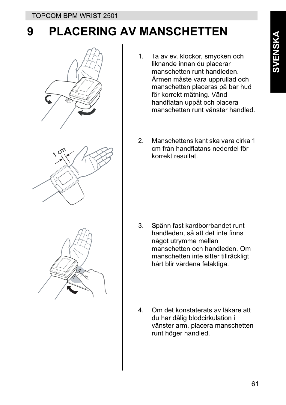9placering av manschetten | Topcom BPM WRIST 2501 User Manual | Page 61 / 120