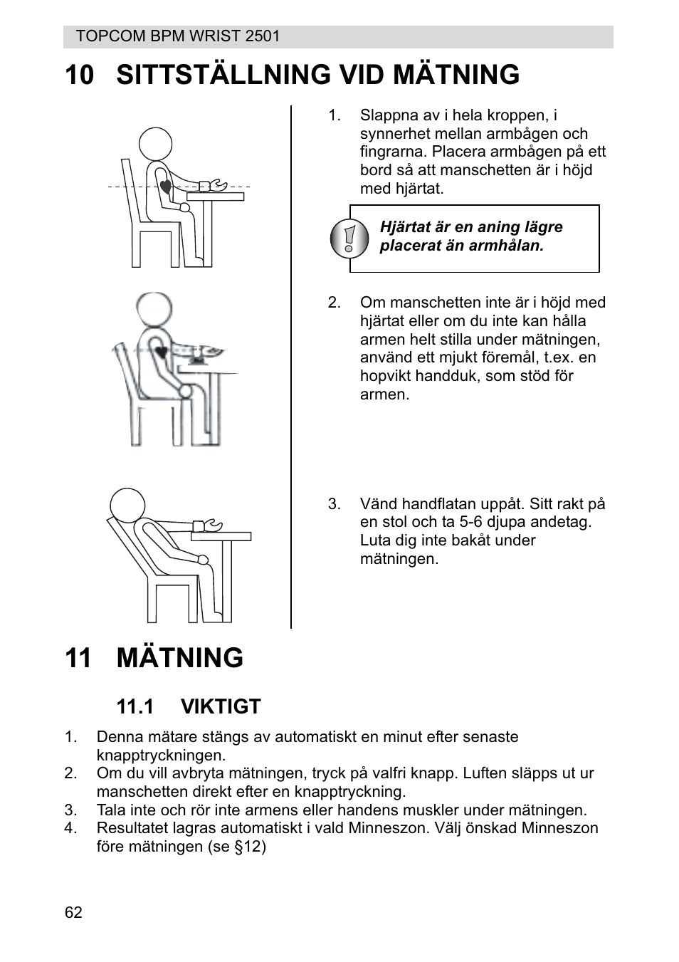 10 sittställning vid mätning 11 mätning | Topcom BPM WRIST 2501 User Manual | Page 62 / 120
